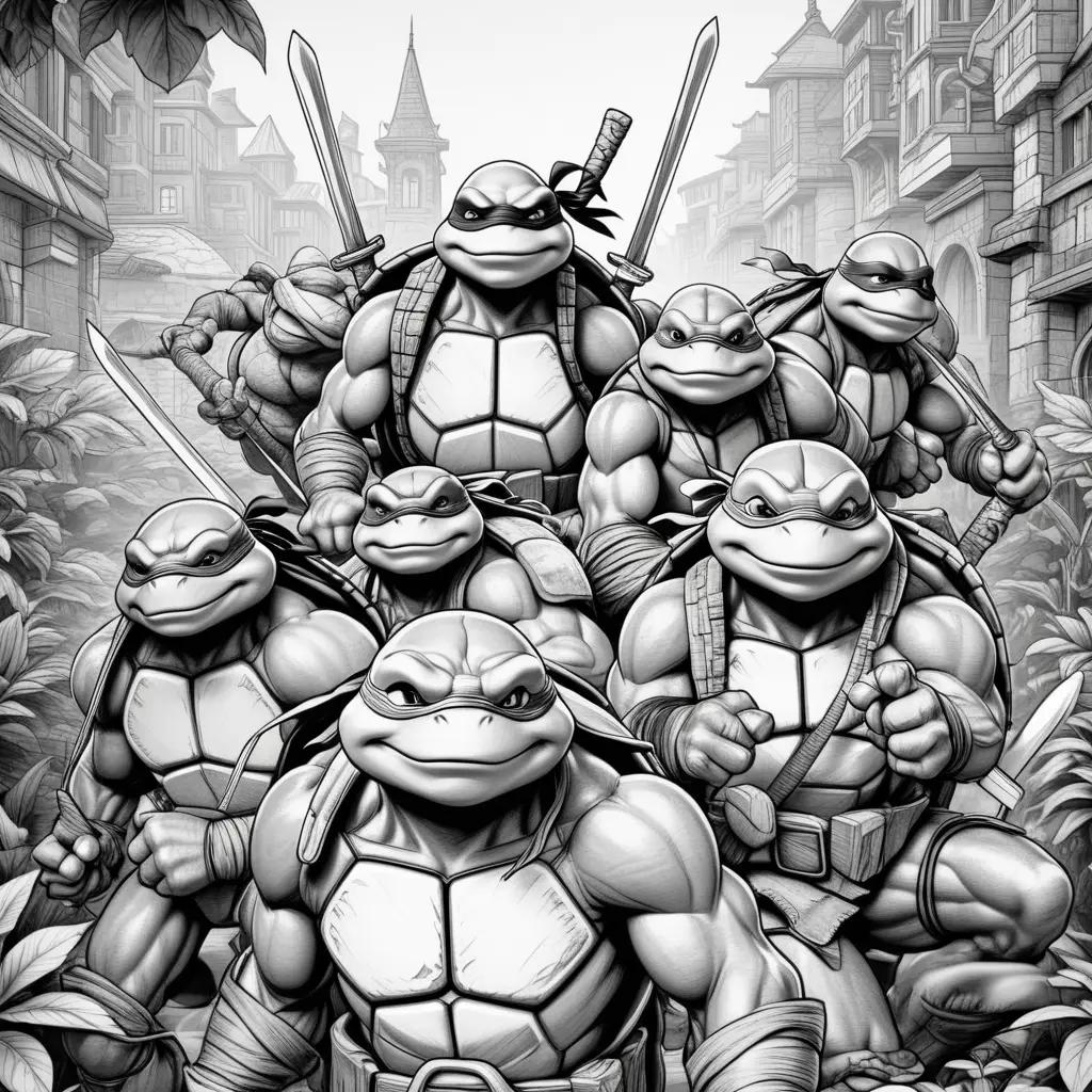 Black and white ninja turtles coloring page with sword