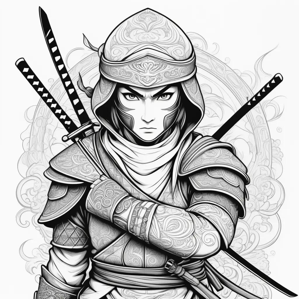 Black and white ninja warrior drawing with swords