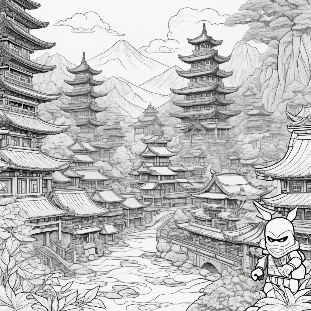 アジアの建物と黒と白のninjagoページ