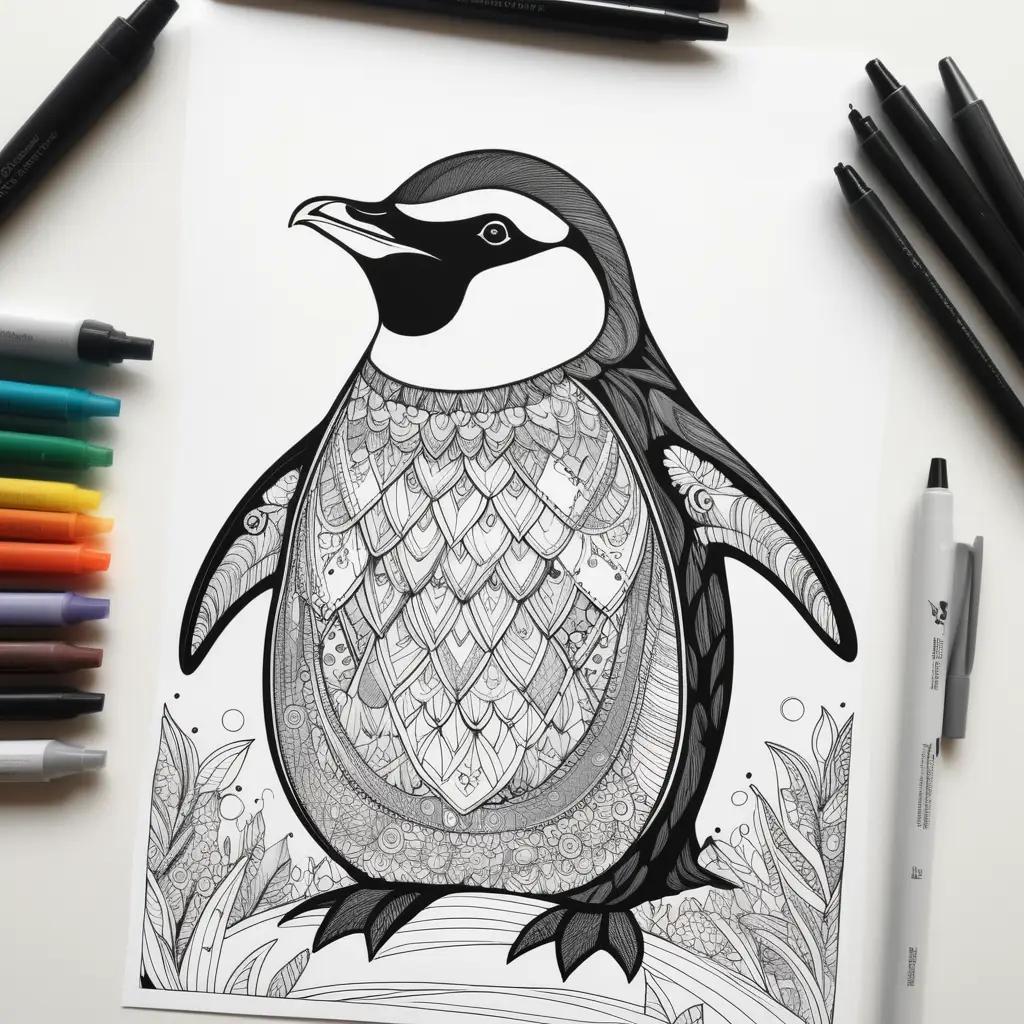 Black and white penguin color page, with various markers and pencils