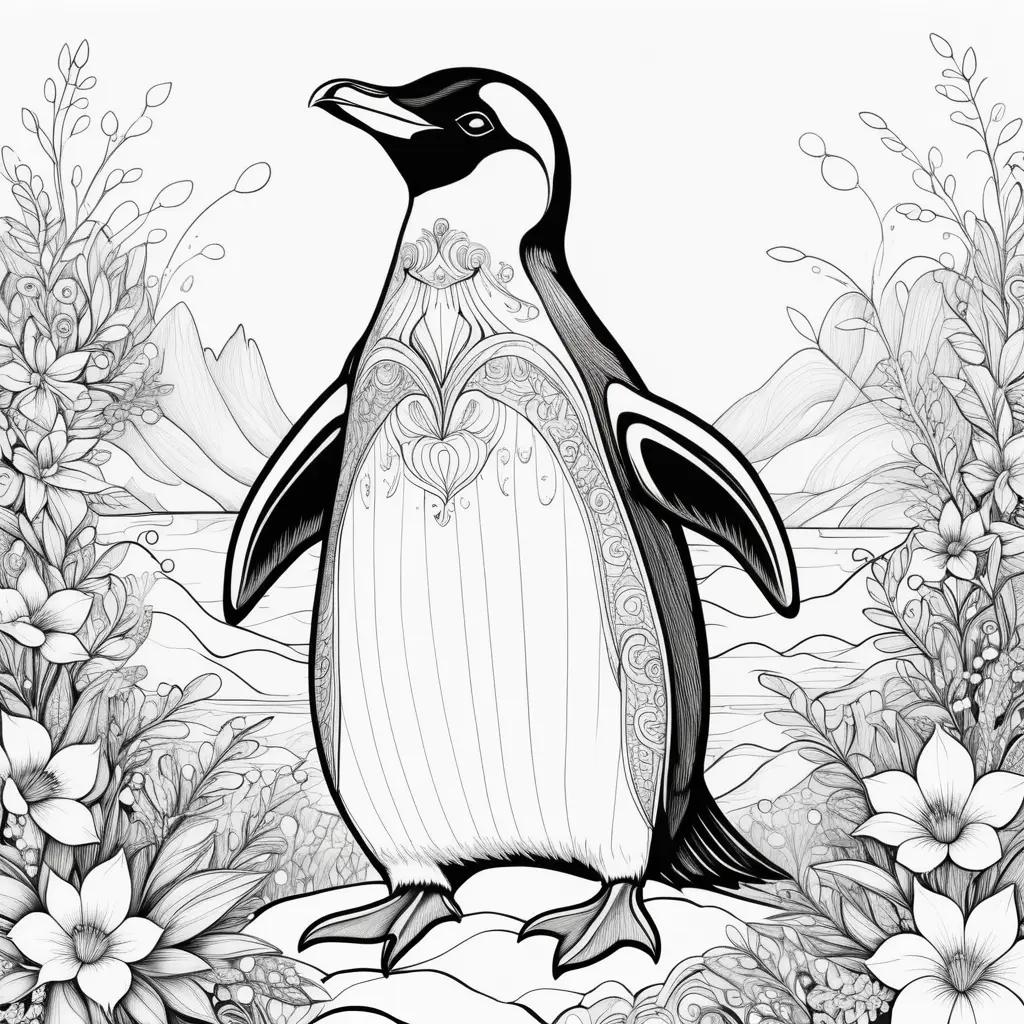 Black and white penguin color page with floral background