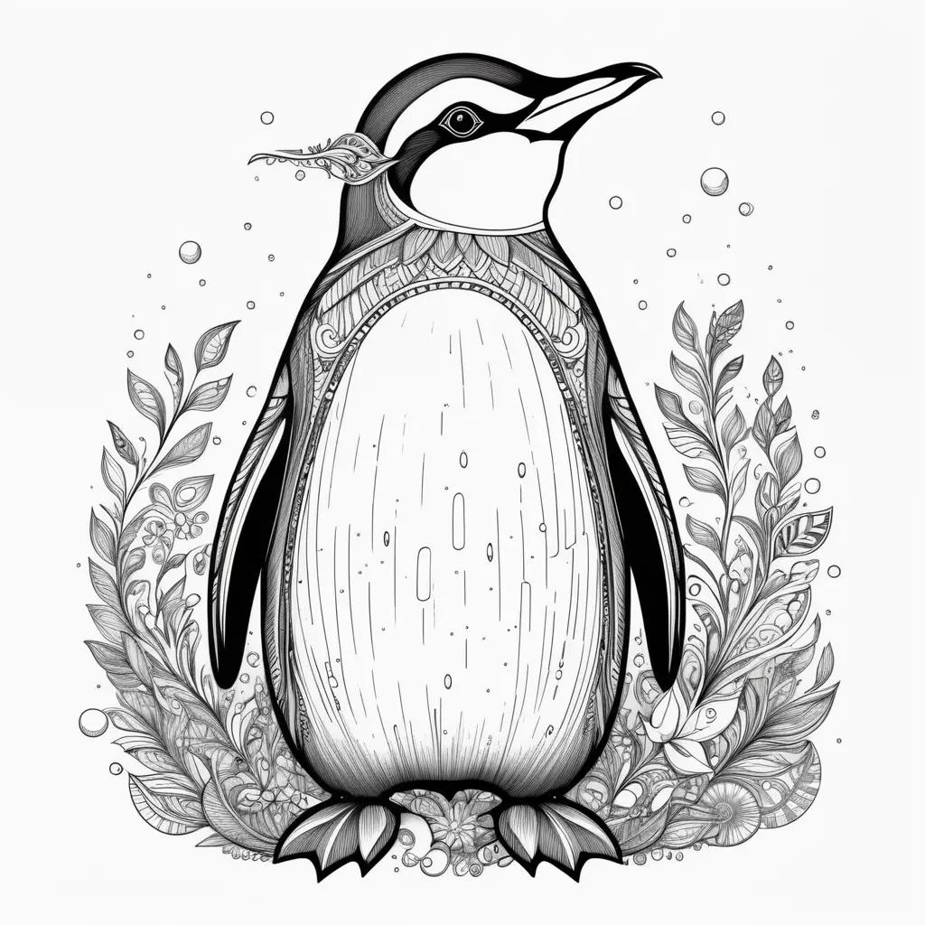 Black and white penguin color page with flowers