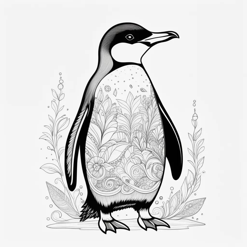 Black and white penguin coloring page with flowers