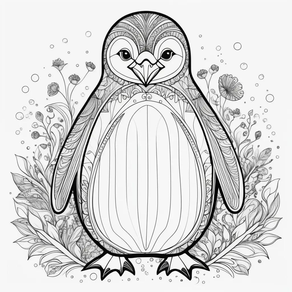 Black and white penguin coloring page with flowers and leaves