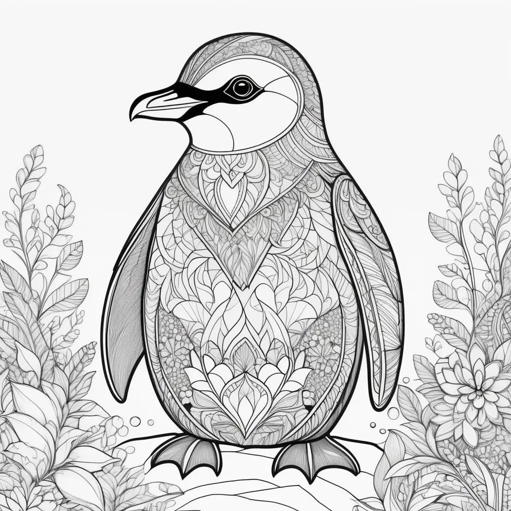 Black and white penguin coloring page with flowers and leaves