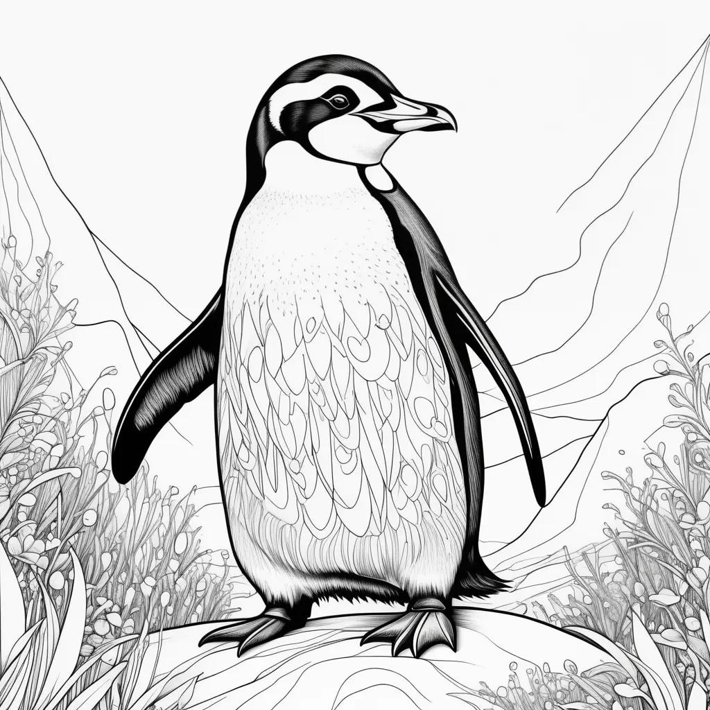 Black and white penguin coloring page with grass and mountains in background