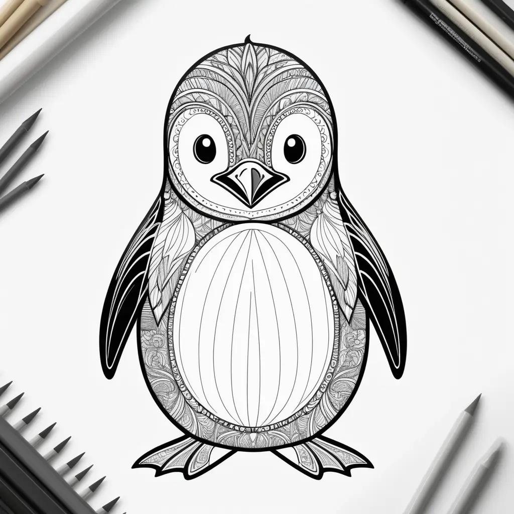 Black and white penguin coloring pages with doodles