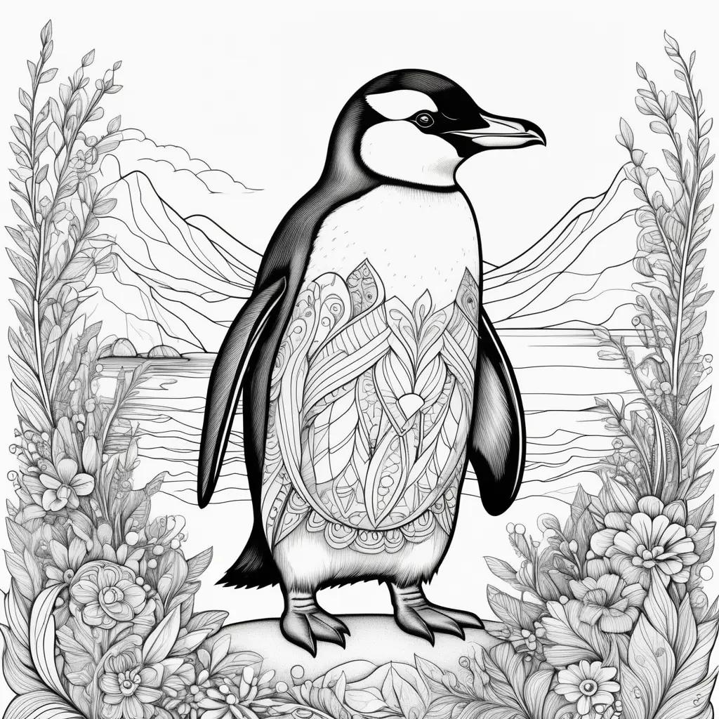 Black and white penguin coloring pages with flowers