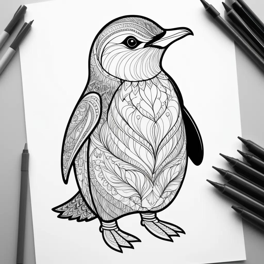 Black and white penguin coloring pages with pens