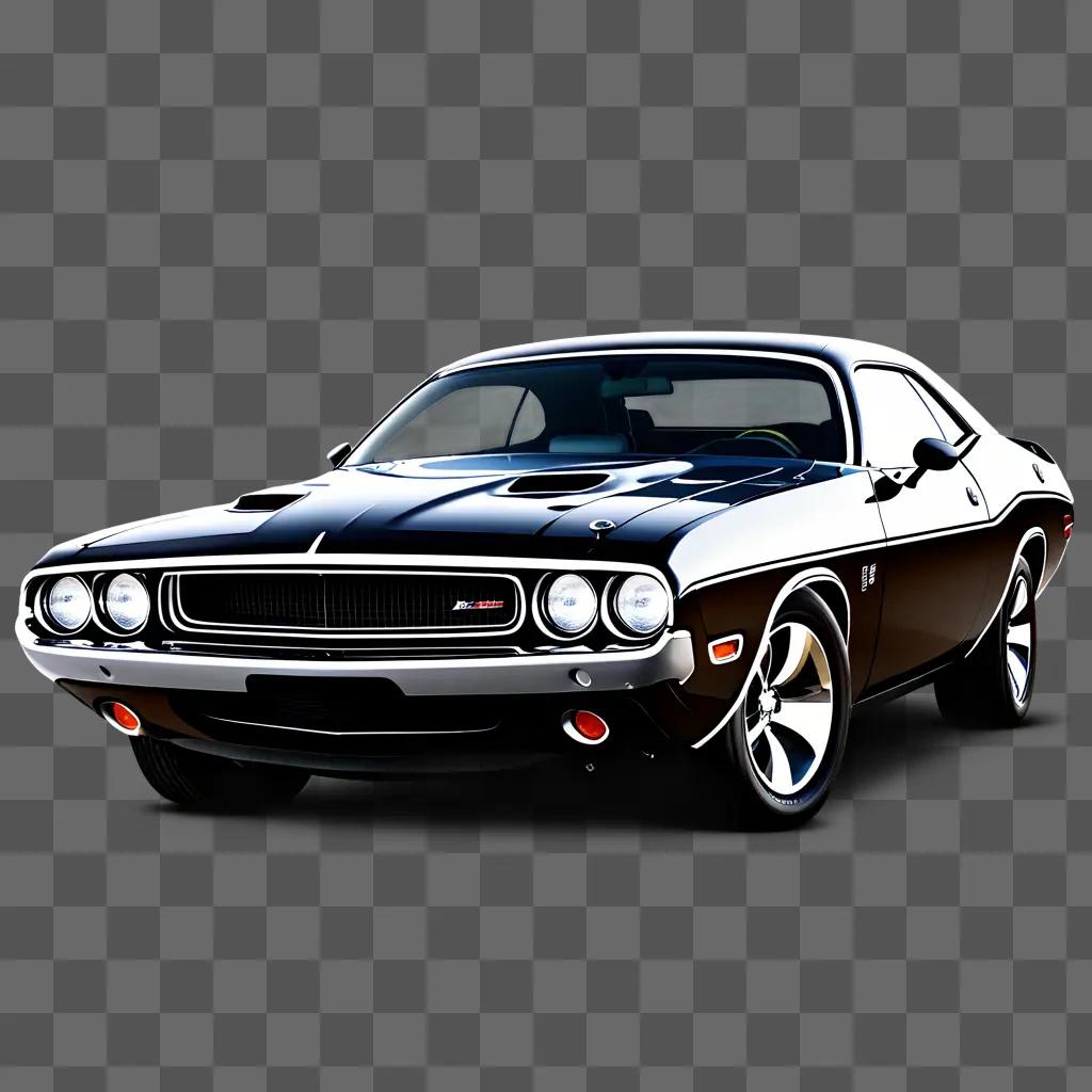 Black and white photo of a Dodge Challenger