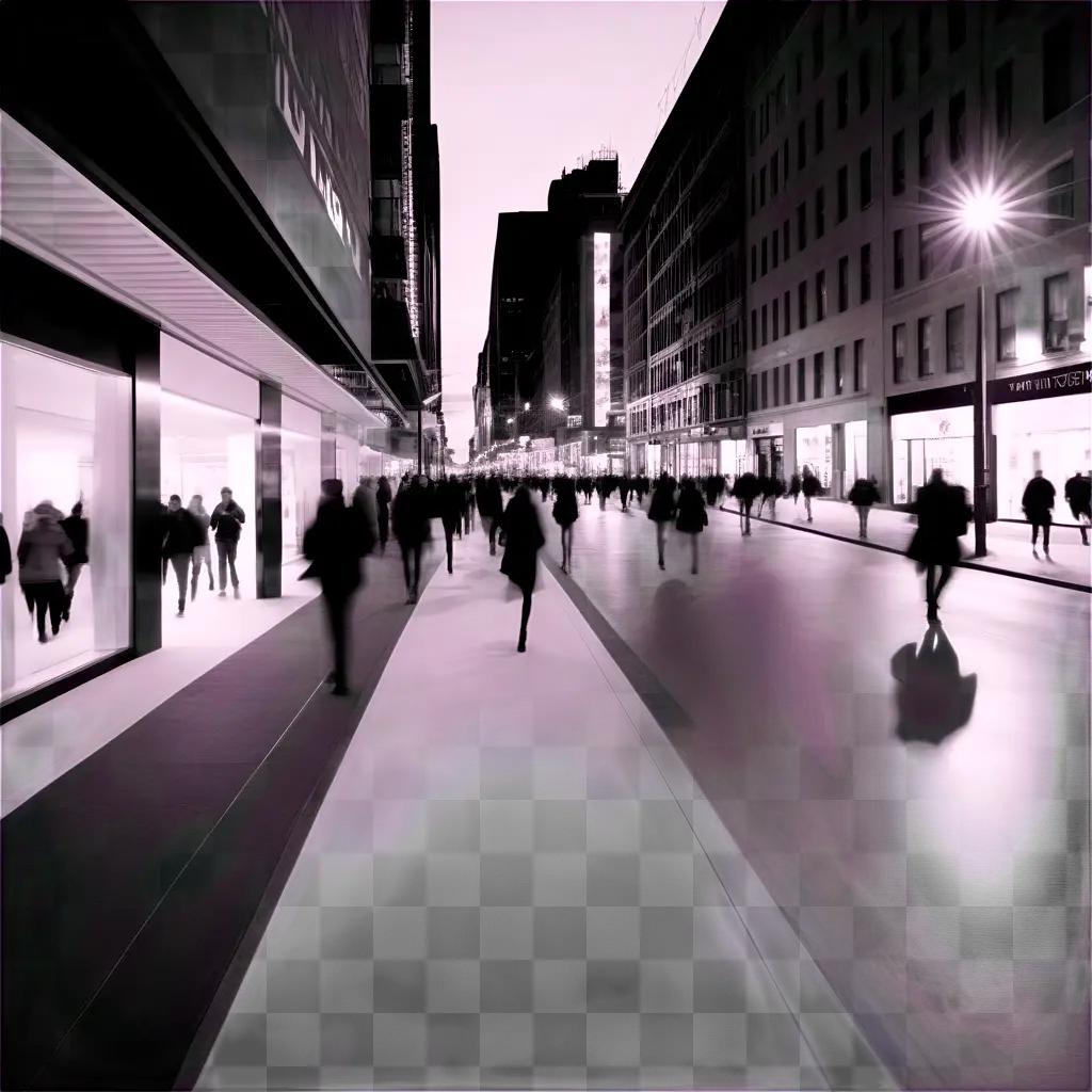 Black and white photograph of people walking down a street