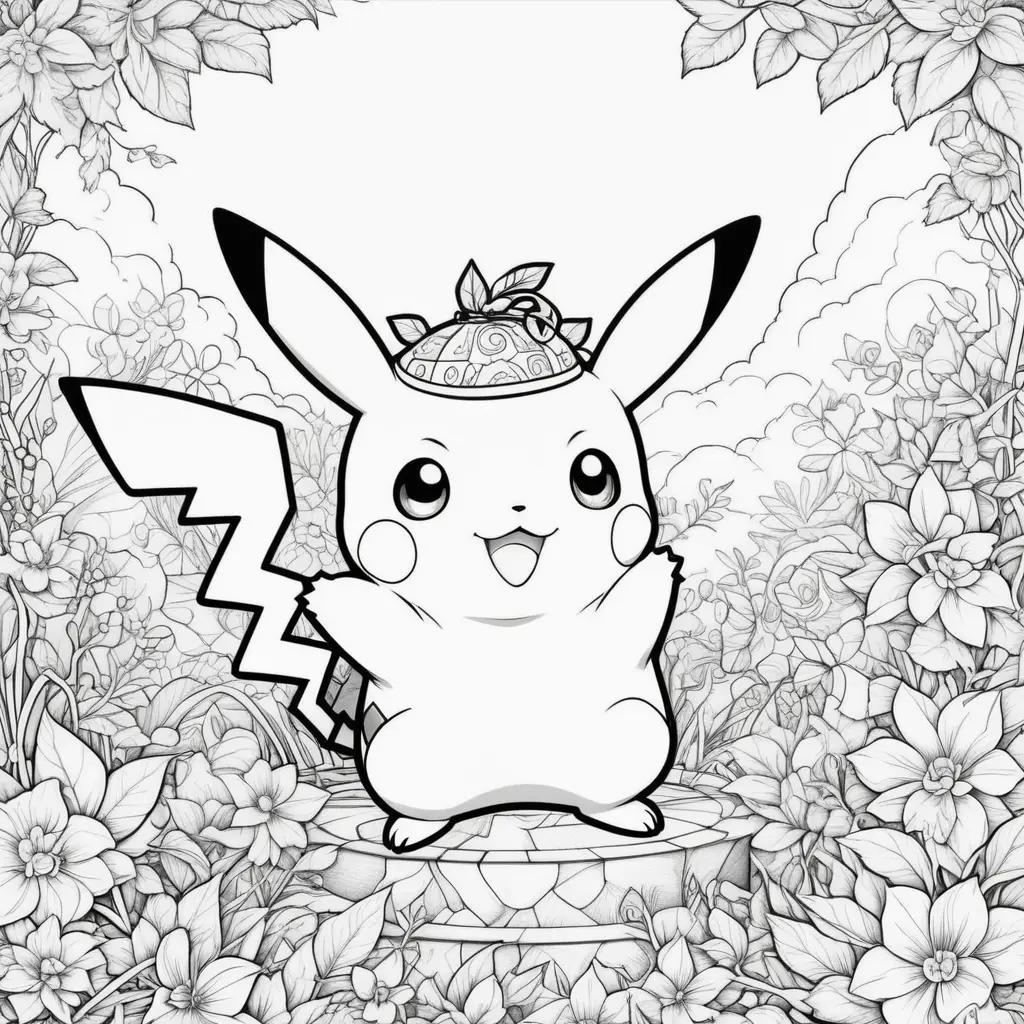 Black and white pikachu coloring pages with flowers