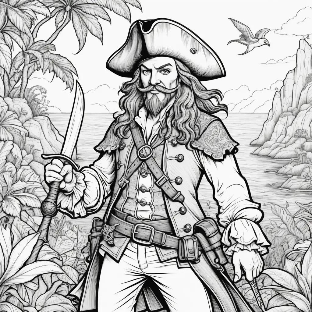剣と帽子を持つ男の白黒の海賊のぬりえ