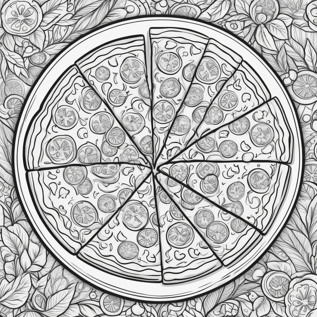 Black and white pizza coloring pages with colorful toppings