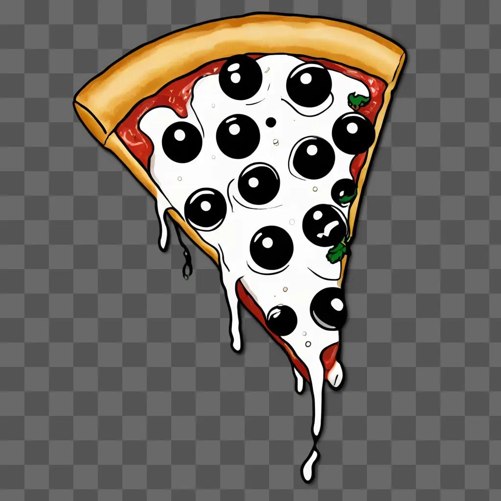 Black and white pizza slice with melted cheese and black olives