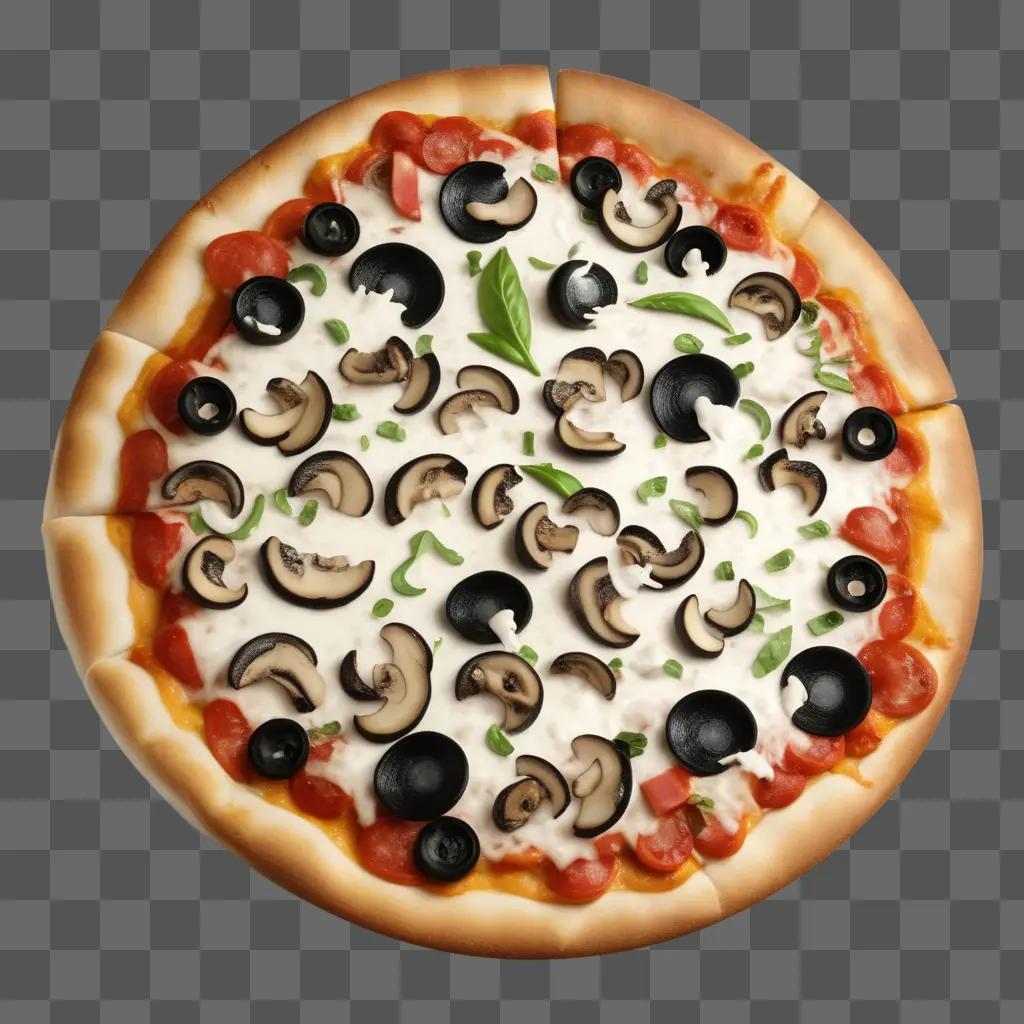 Black and white pizza with black olives and mushrooms