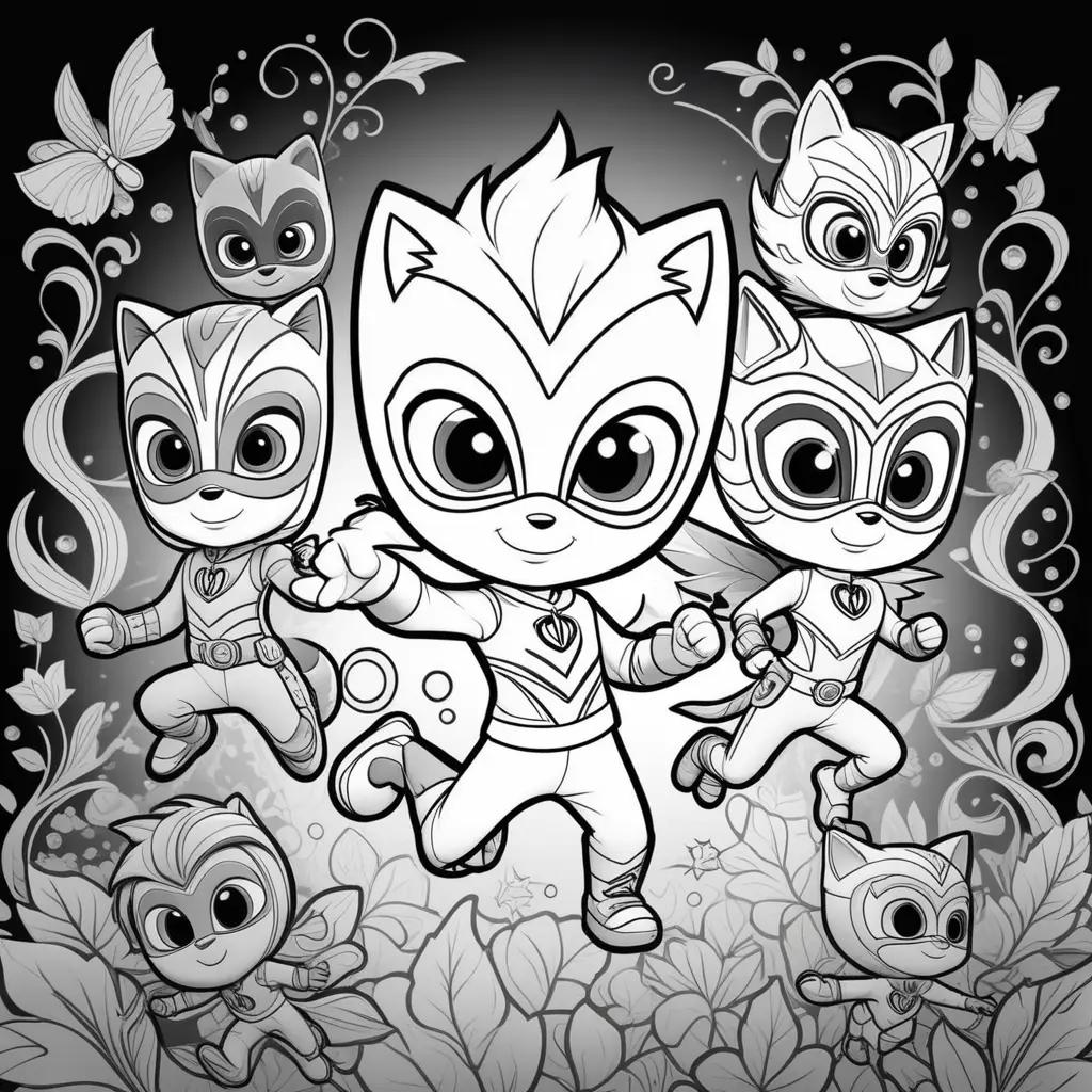 Black and white pj masks coloring pages with cats