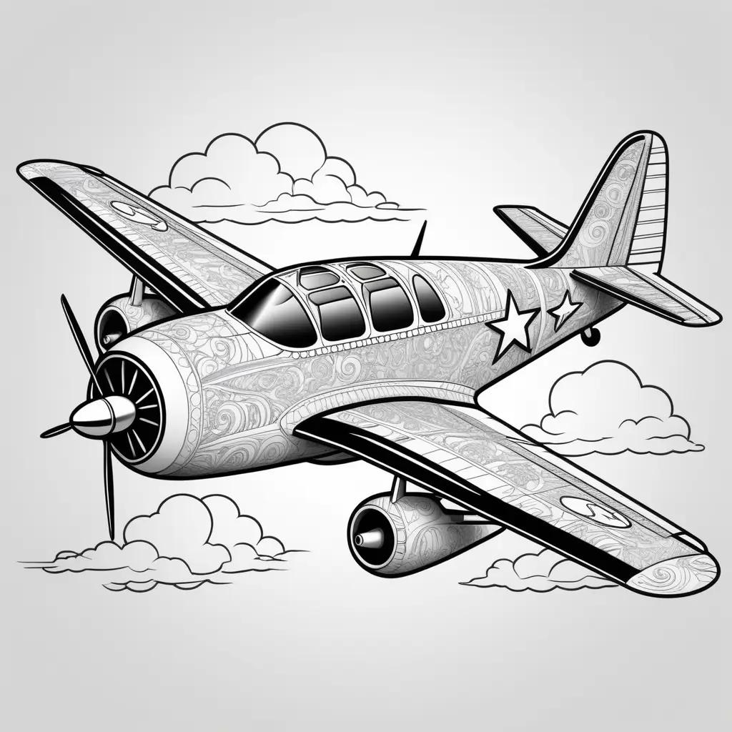 Black and white plane coloring page with stars