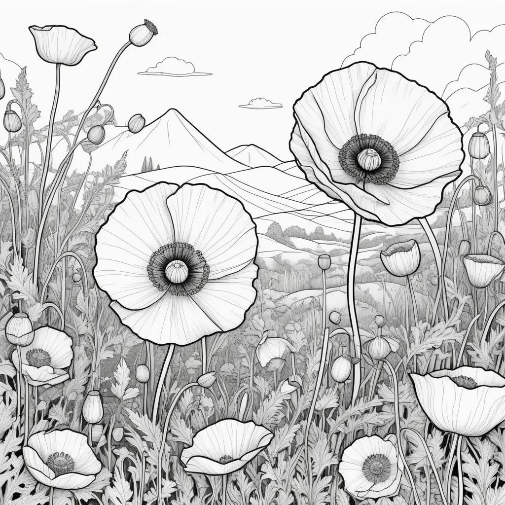 Black and white playtime coloring pages of poppies