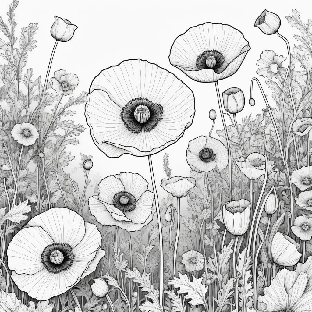 Black and white playtime coloring pages of poppies