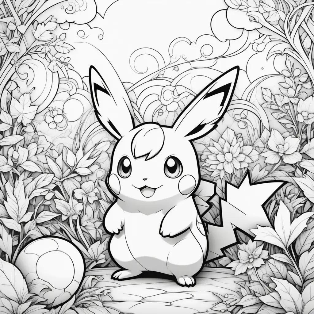 Black and white pokemon coloring pages with flowers and leaves