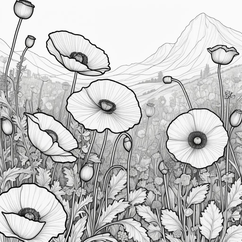 Black and white poppy field with mountain in the background