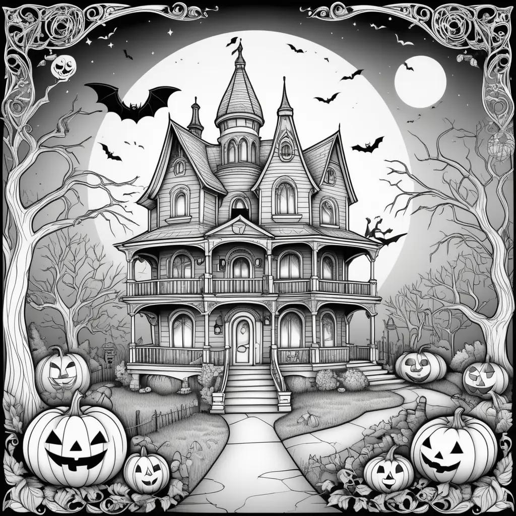 Black and white print of a haunted house with pumpkins and bats