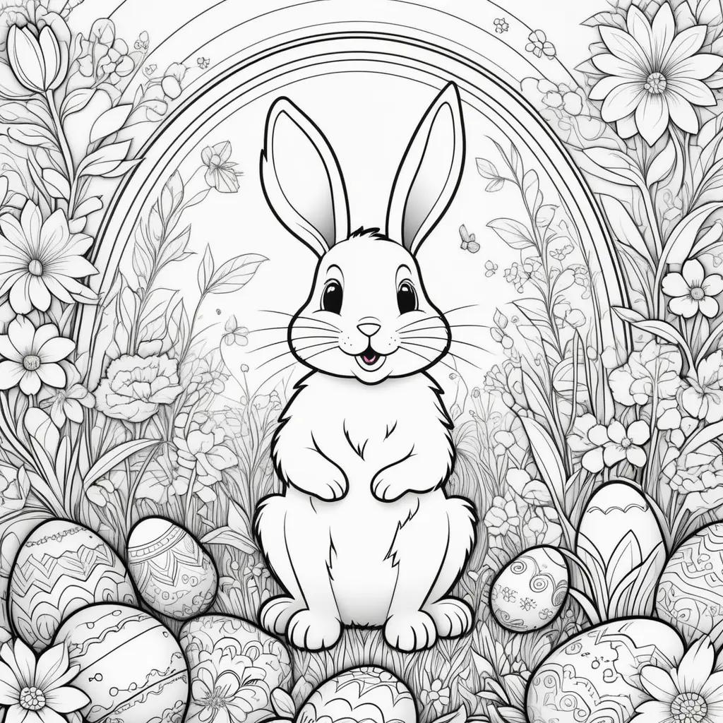 Black and white printable easter coloring pages featuring a rabbit and eggs