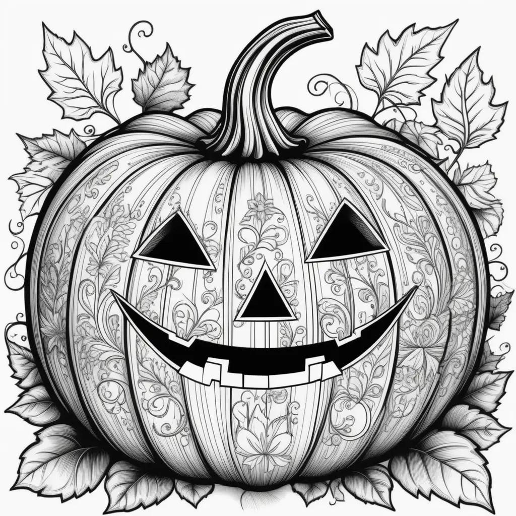 Black and white pumpkin coloring page with leaves