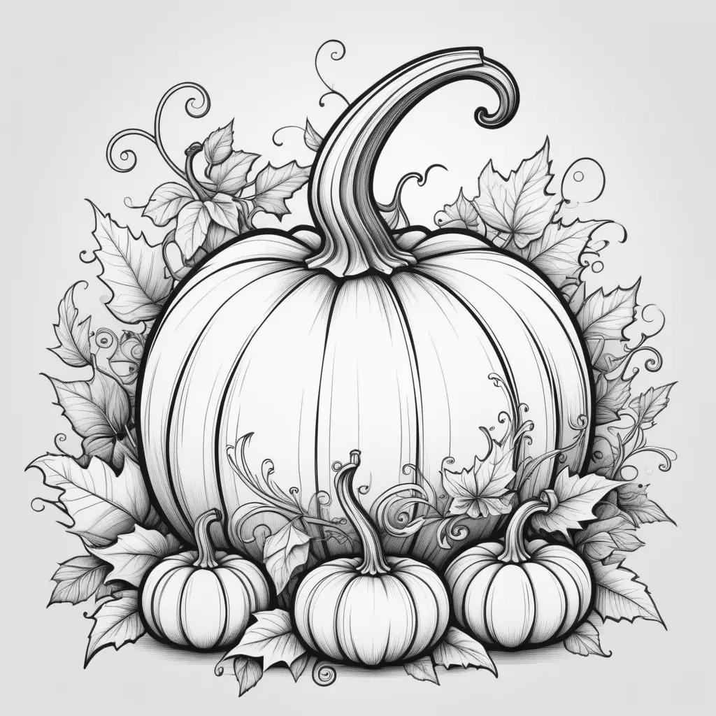 Black and white pumpkin coloring page with leaves