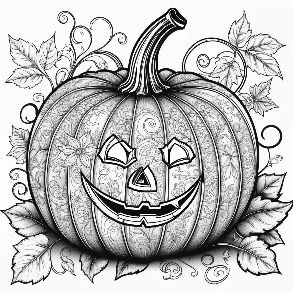 Black and white pumpkin coloring page with leaves