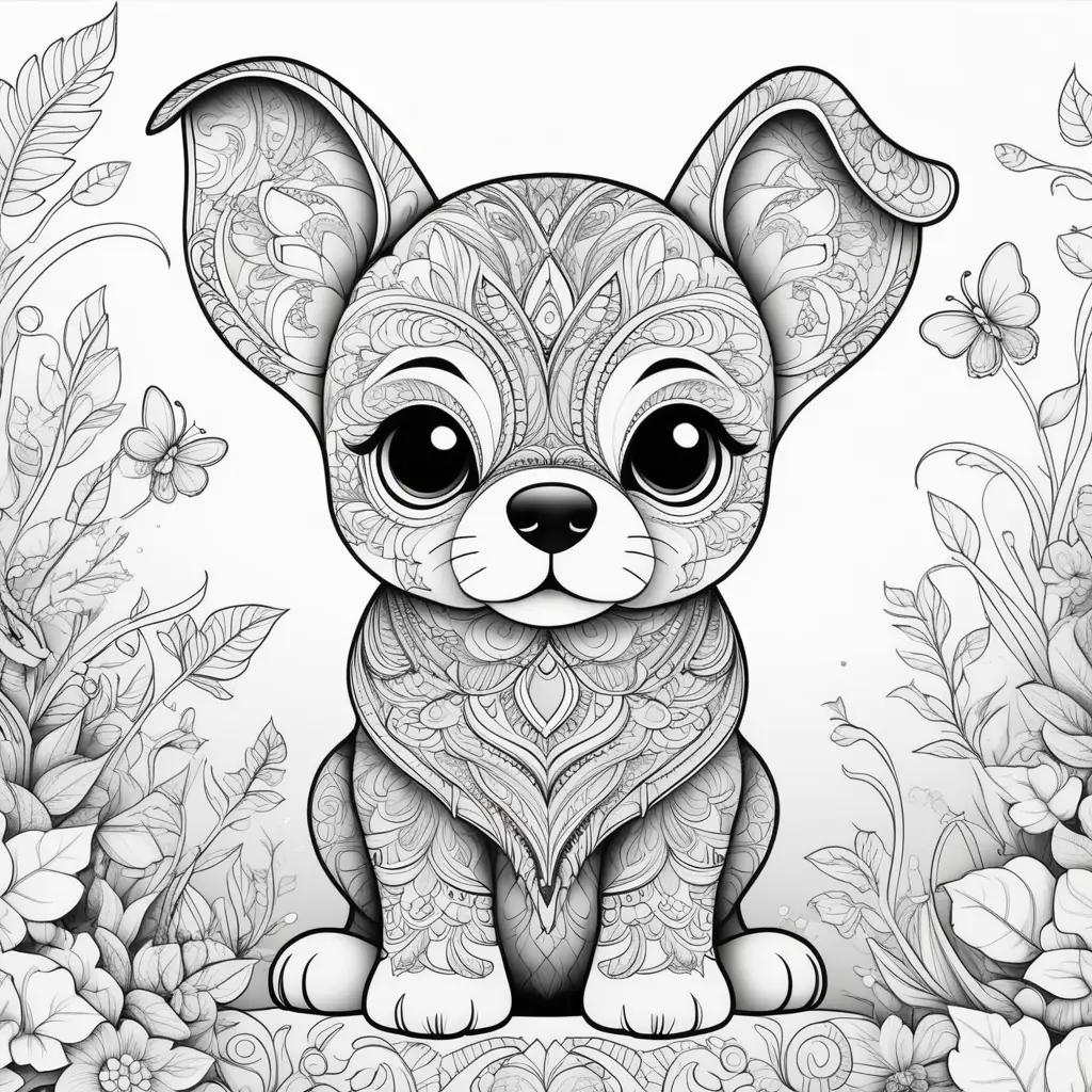 Black and white puppy coloring page with butterflies