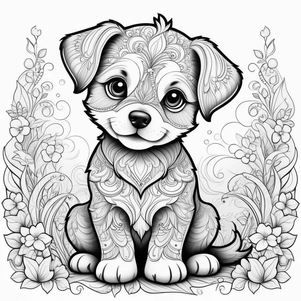 Black and white puppy coloring pages with flowers