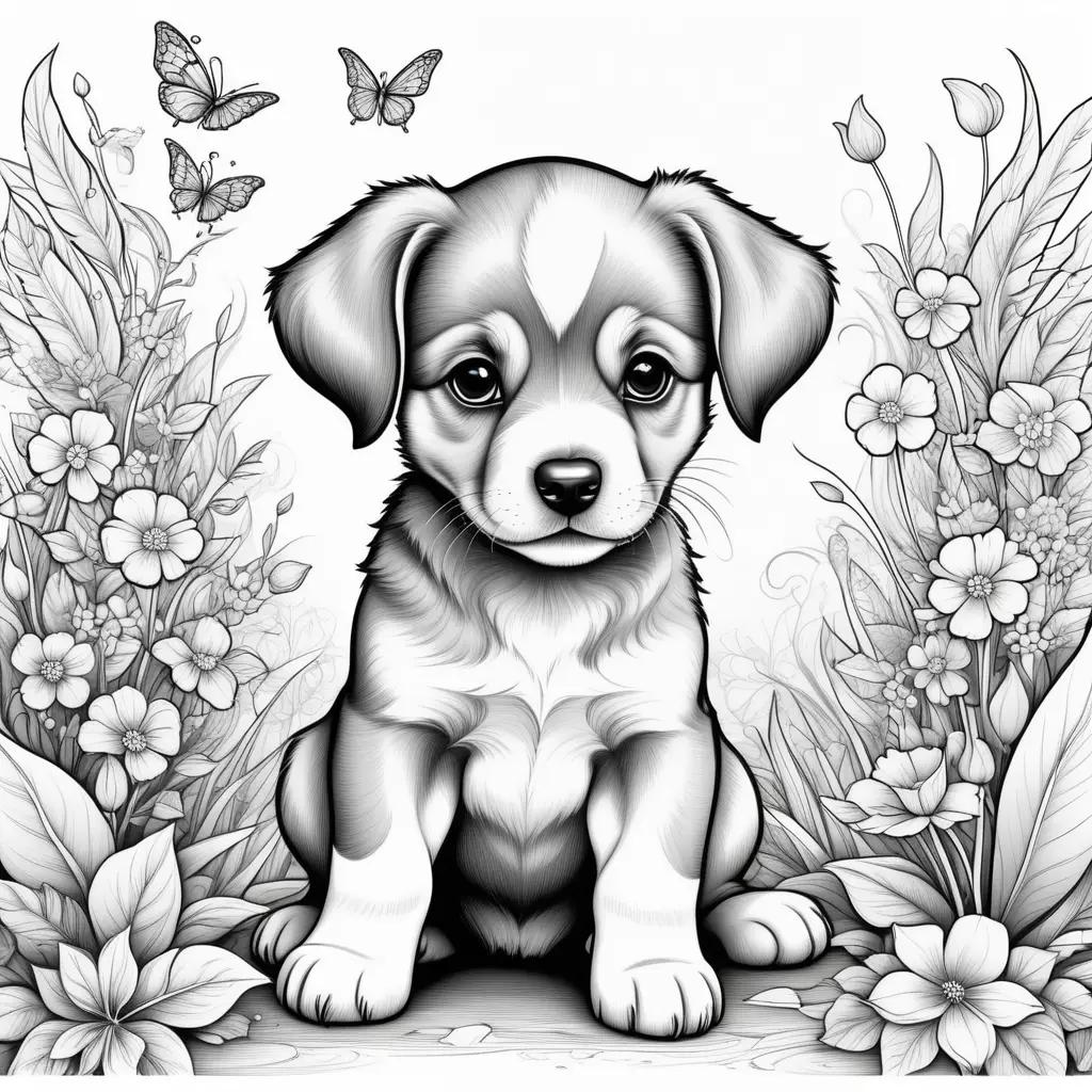 Black and white puppy coloring pages with flowers