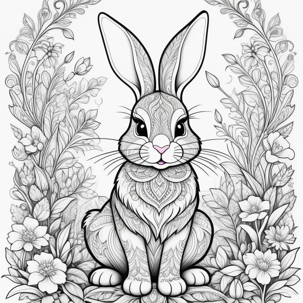 Black and white rabbit coloring page with intricate floral background