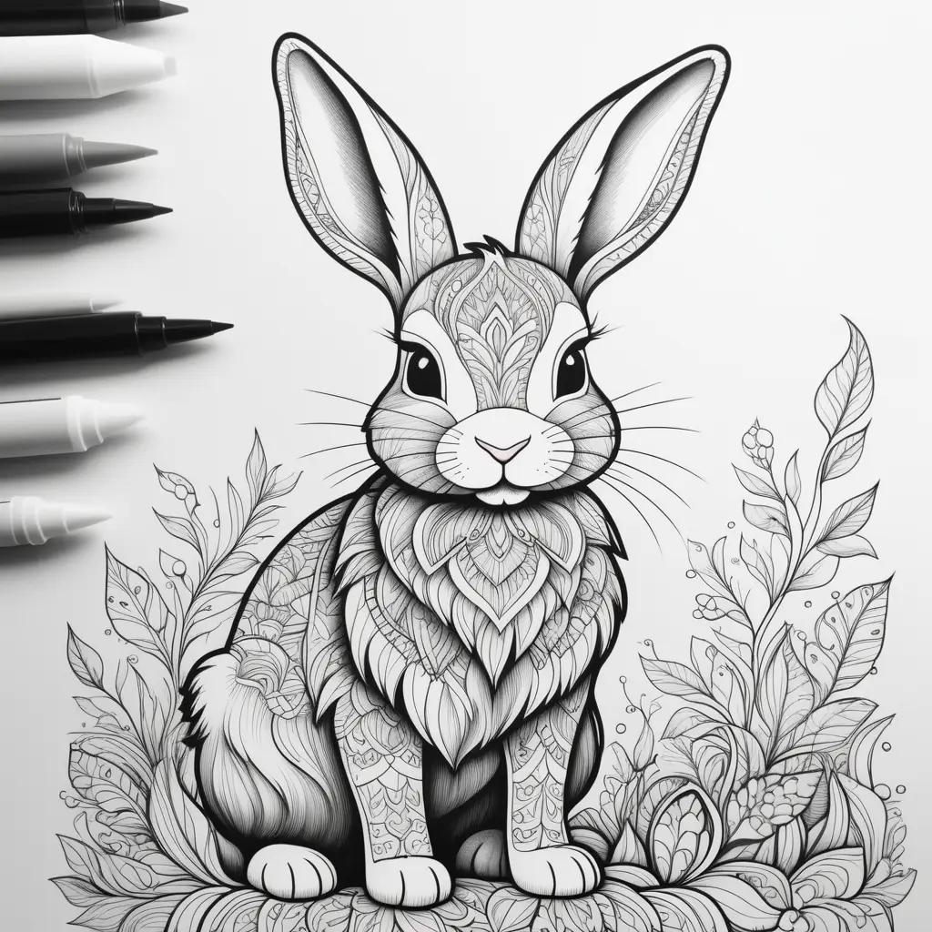 Black and white rabbit coloring pages with doily and leaves