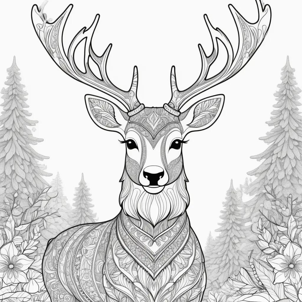 Black and white reindeer coloring pages in a forest setting