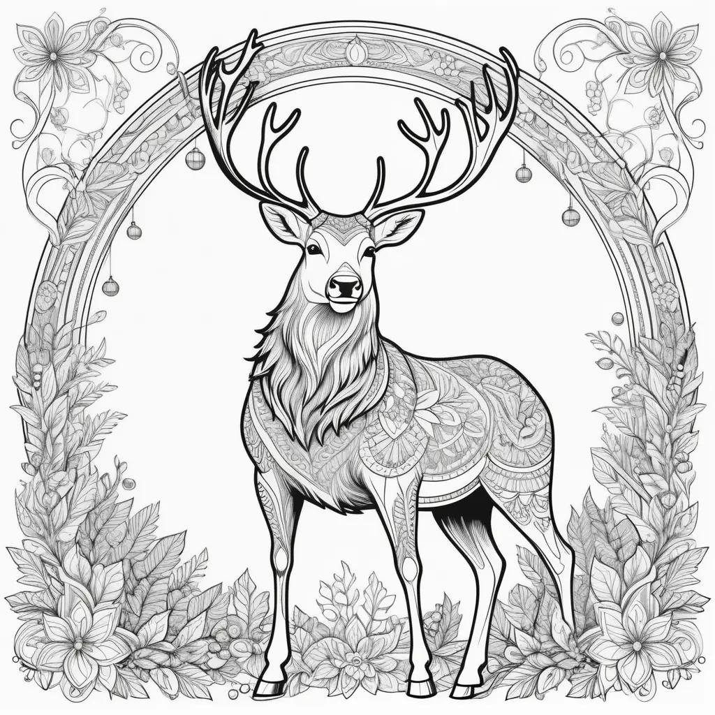 Black and white reindeer coloring pages with flowers and ornaments