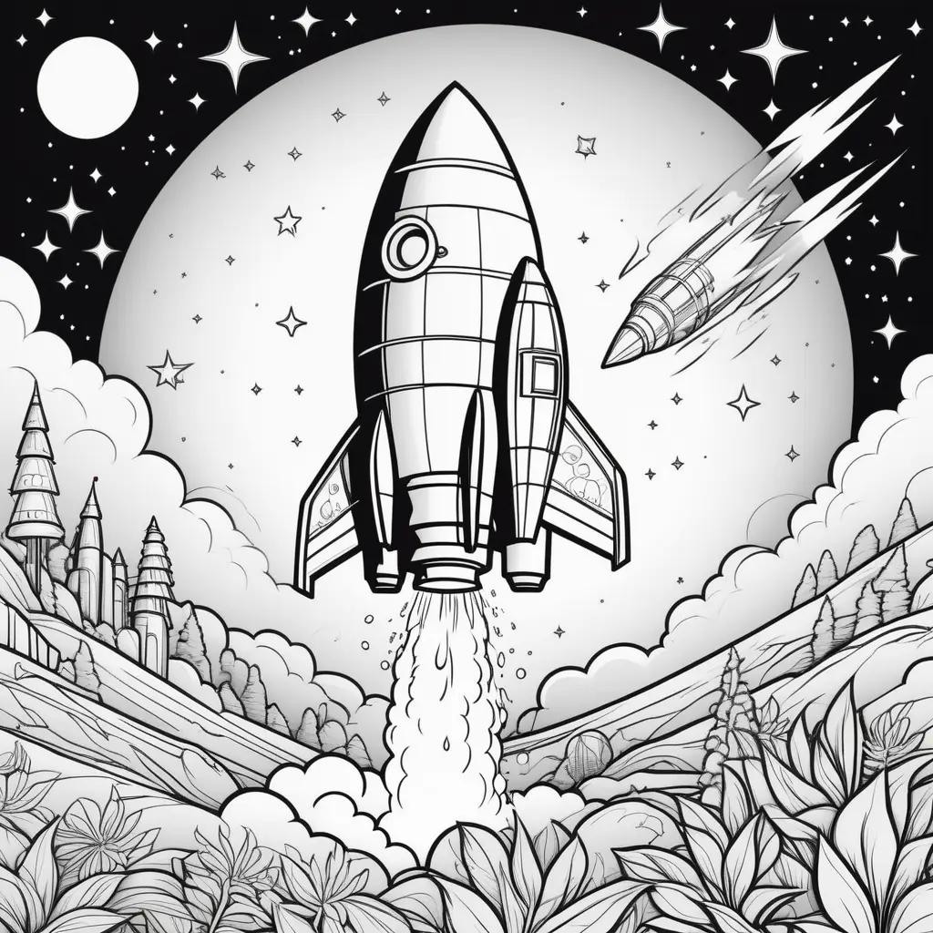 Black and white rocket coloring pages featuring a rocket ship and a moon