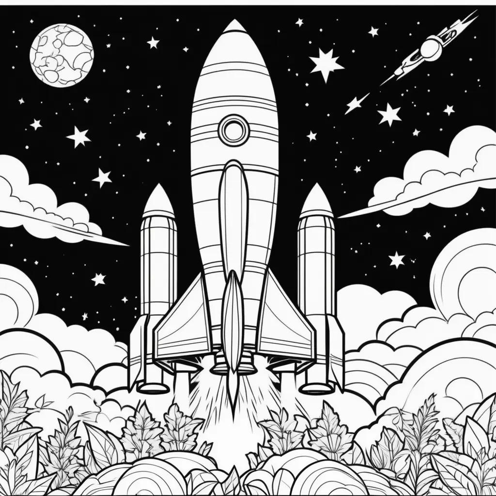 Black and white rocket coloring pages with a moon in the sky