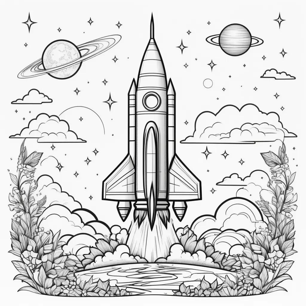 Black and white rocket coloring pages with planets and clouds