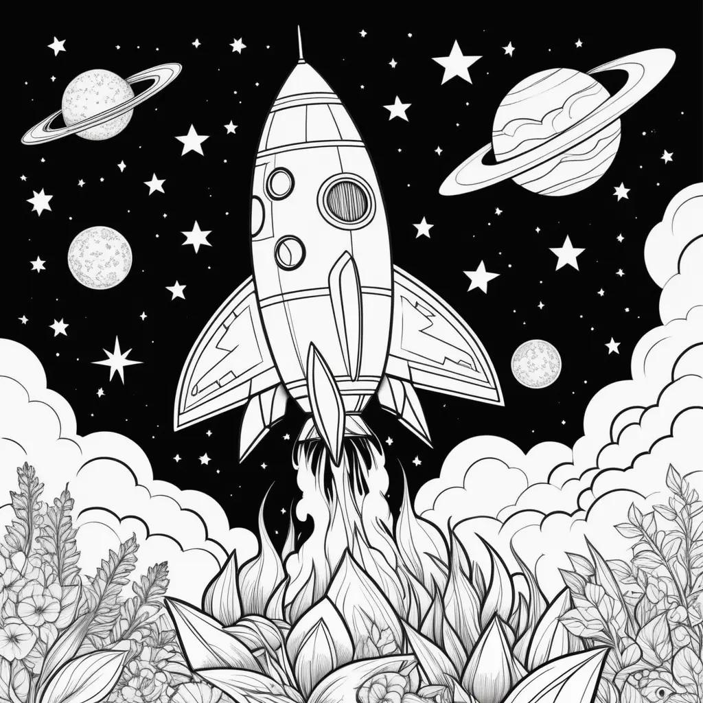 Black and white rocket coloring pages with planets and stars