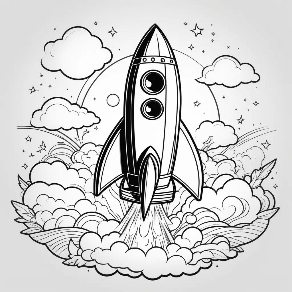 Black and white rocket coloring pages with stars and clouds