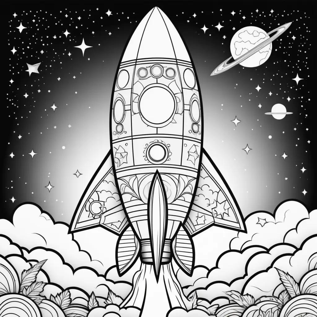 Black and white rocket coloring pages with stars and moon