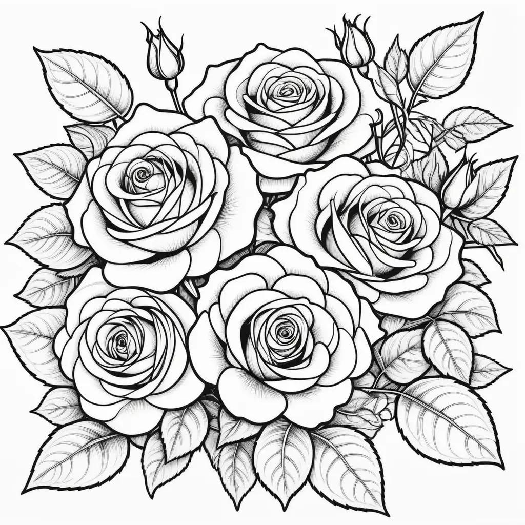 Black and white rose coloring page with leaves