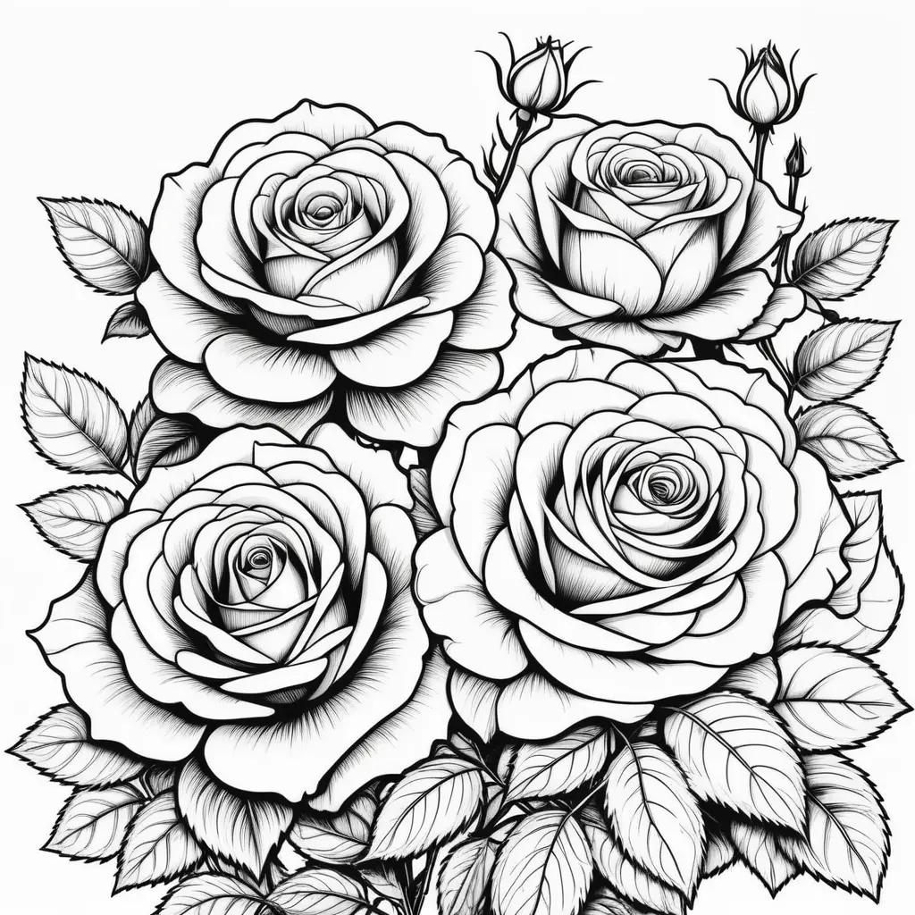 Black and white rose coloring page with leaves