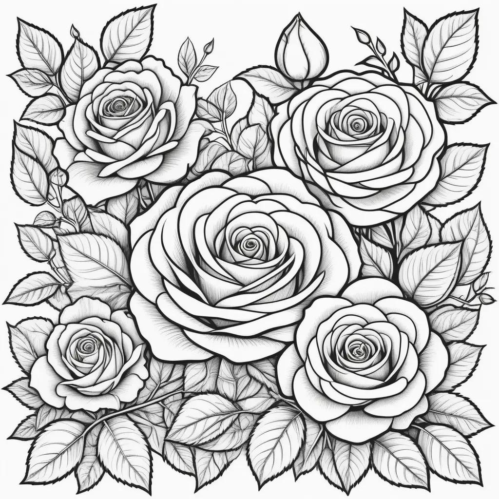 Black and white roses coloring pages with leaves