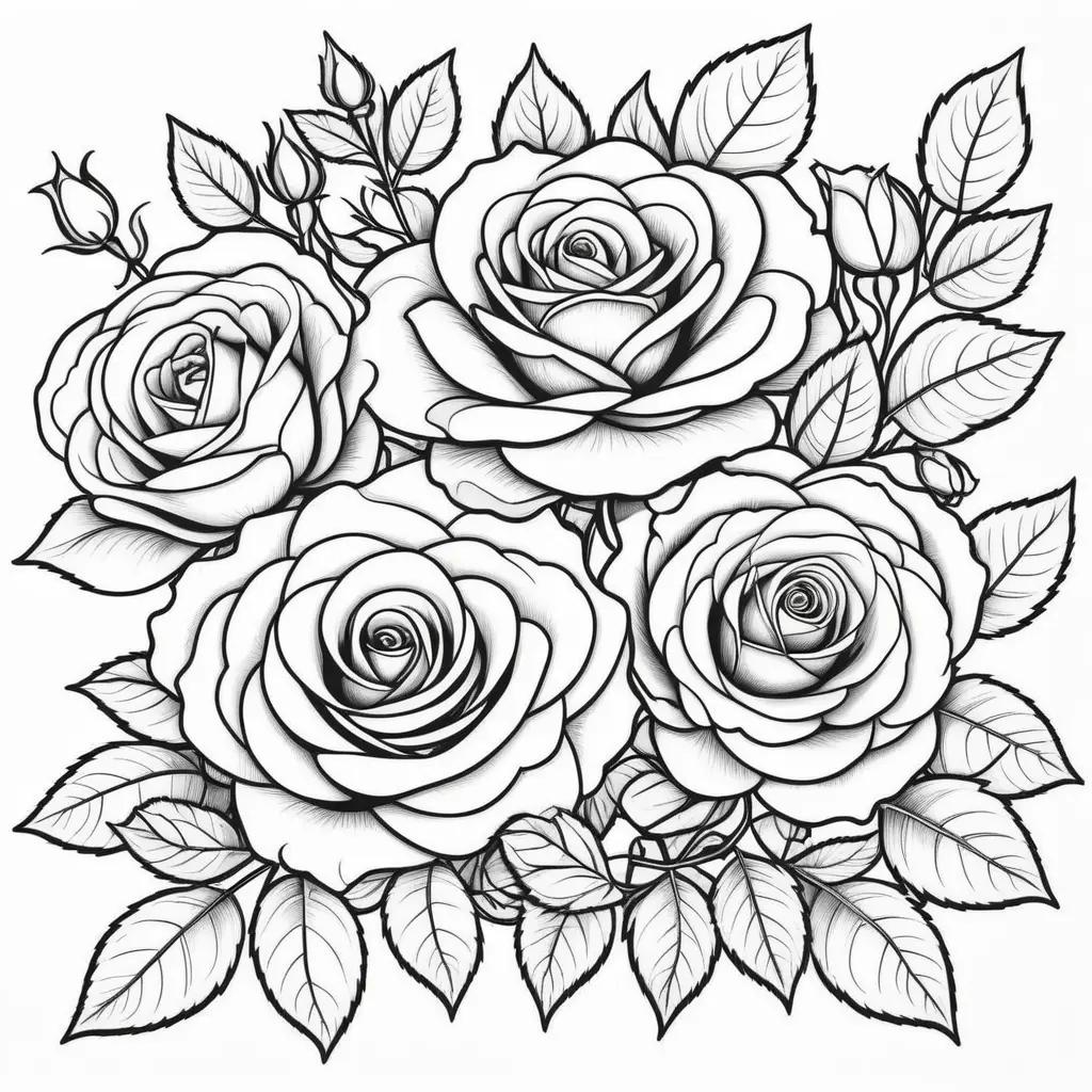 Black and white roses coloring pages with leaves