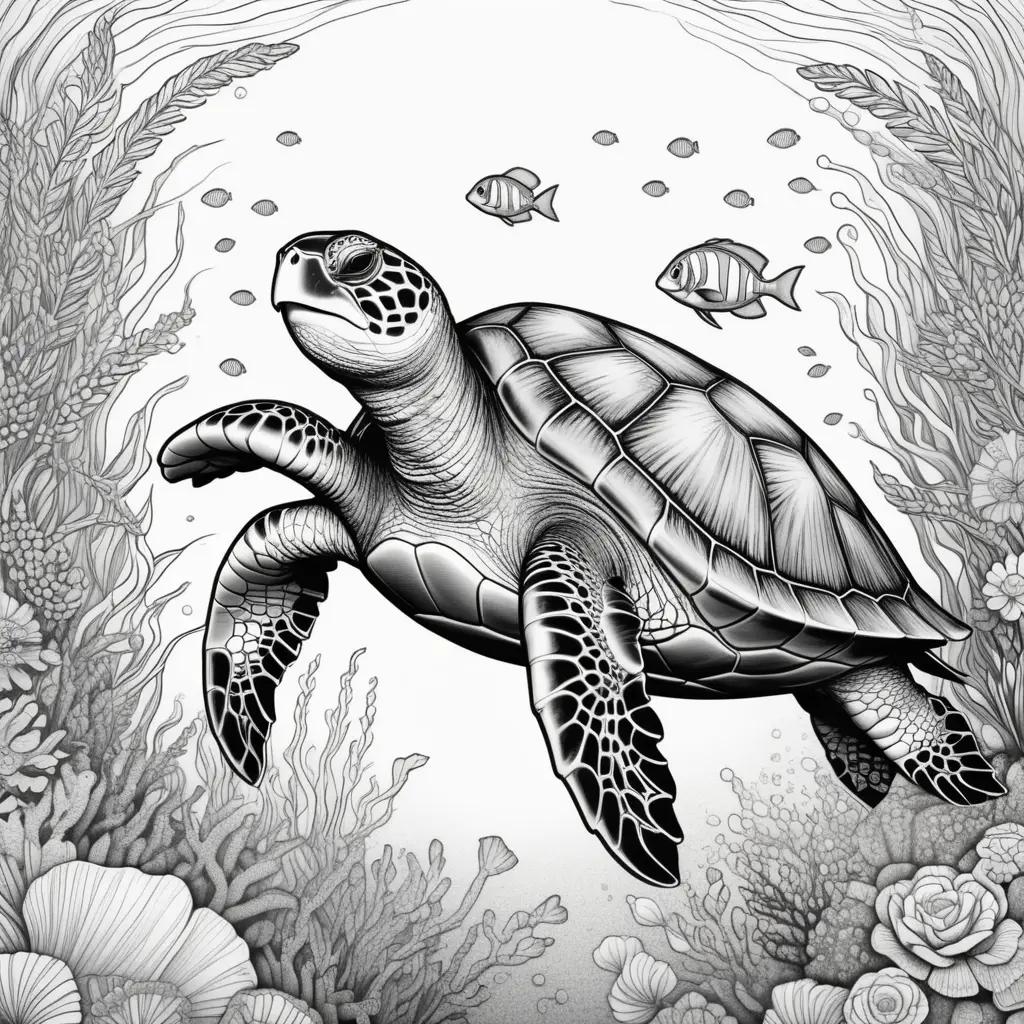 Black and white sea turtle coloring page with fish and coral