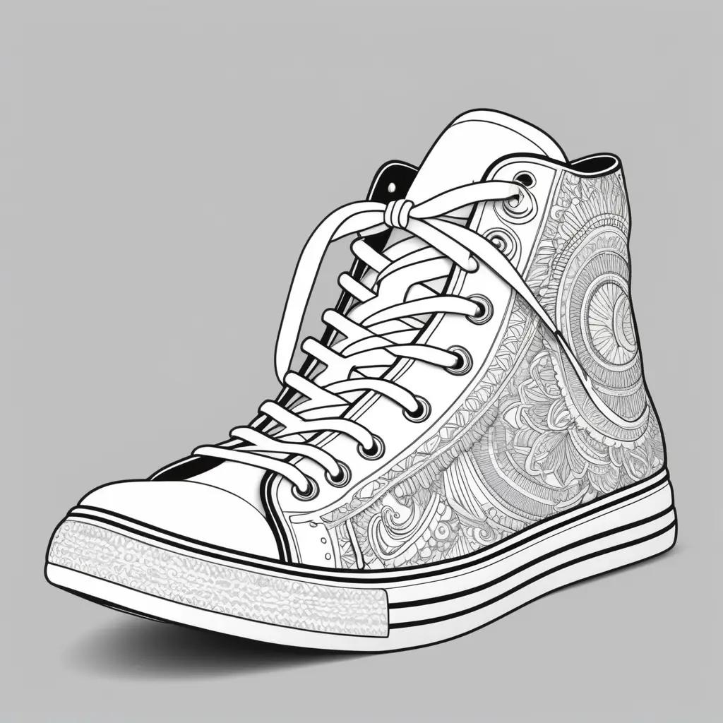 Black and white shoe coloring page with intricate designs